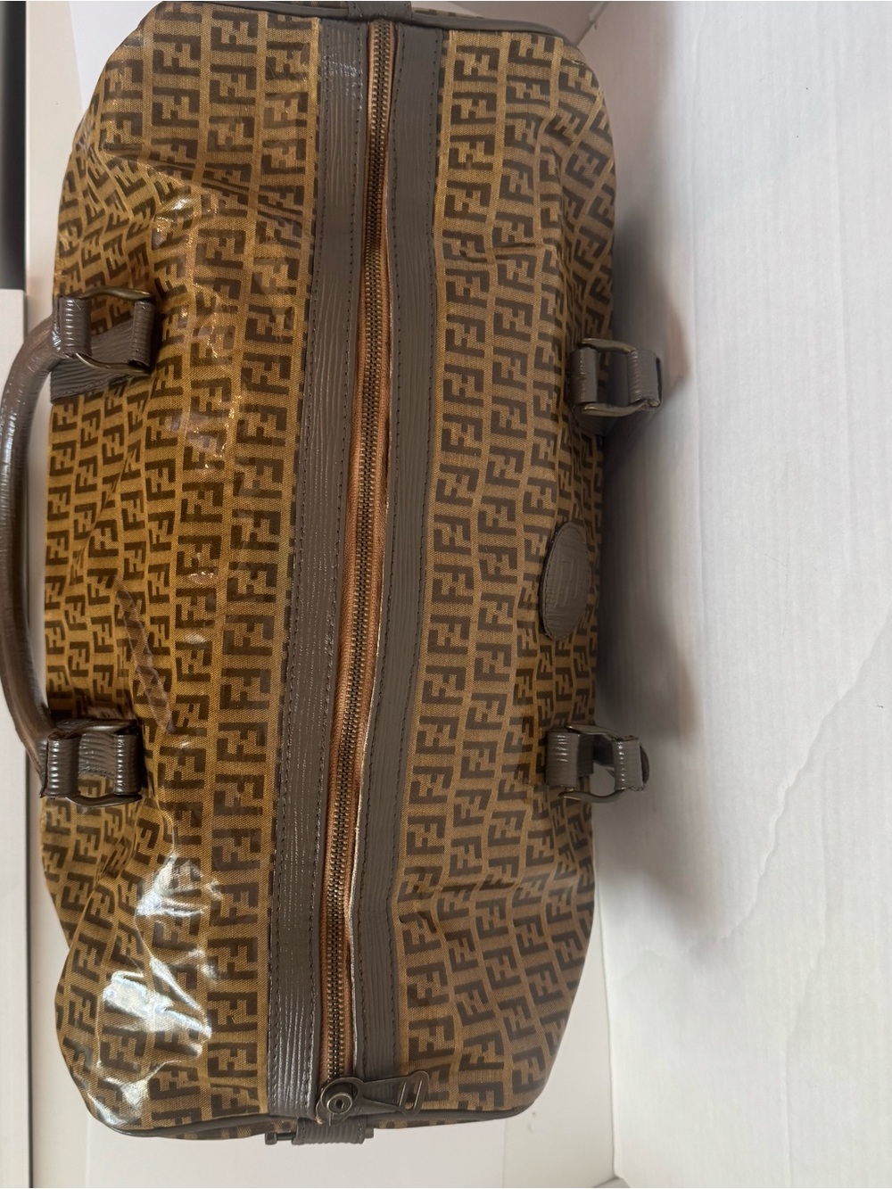SOLD: Authentic Fendi Zucca Boston Bag Purse Brown FF Monogram Canvas Duffle - Picture 6 of 15